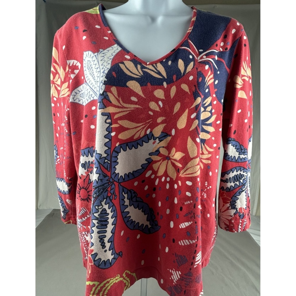 Chico's Women's Medium Blue And Red Floral‎ Short Sleeve Shirt